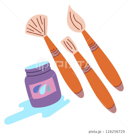 Elements of drawing tools. Brushes and a can of paint. Back to school. Trendy modern vector illustration, isolated on white, hand drawn, flat design. Elements of drawing tools. Brushes and a can of paint. Back to school. Trendy modern vector illustration, isolated on white, hand drawn, flat design. 116256729
