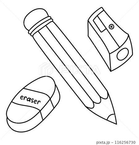 Doodle art with a set of pencil, rubber band, sharpener. Graphic element for office and school. Outline doodle illustration. Trendy modern vector illustration, isolated on white, hand drawn 116256730