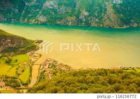 View of the fjords and Aurland valley in Norway 116256772