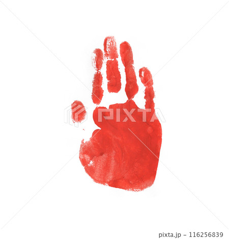 Watercolor, Acrylic Red kids Handprint Isolated on White Background. Isolated Children, Adult Palm Print. 116256839