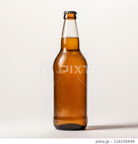 Single brown beer bottle with refreshing condensation, perfect for a party or pub setting 116256849