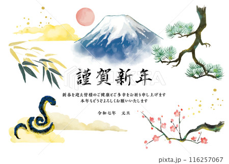 2025年 巳年 年賀状 蛇と富士山と松竹梅 2025年 巳年 年賀状 蛇と富士山と松竹梅 116257067