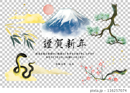 2025年 巳年 年賀状 蛇と富士山と松竹梅 2025年 巳年 年賀状 蛇と富士山と松竹梅 116257074