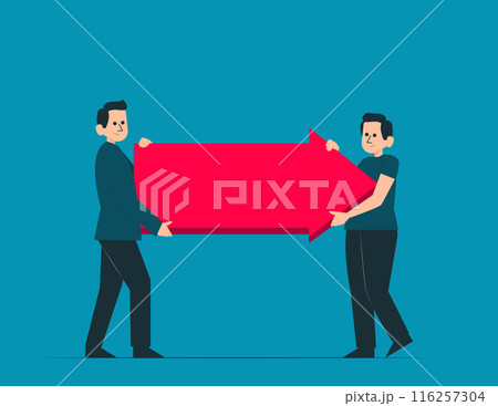 Team holding arrow sign. Guide direction concept 116257304