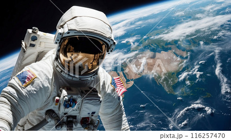 An astronaut floating in space, with Earth and clouds visible below. 116257470