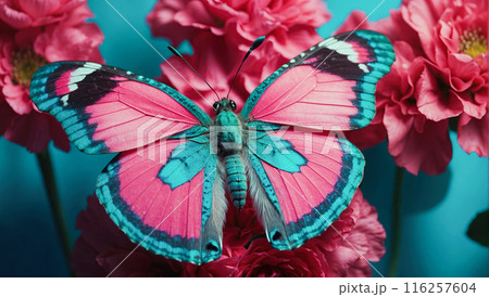 A large butterfly with bright pink wings sits on pink flowers against a turquoise background, creating a stunning contrast. 116257604