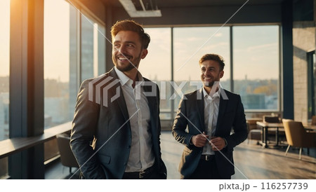 Two businessmen standing confidently in a bright office, looking towards the future with optimism. 116257739