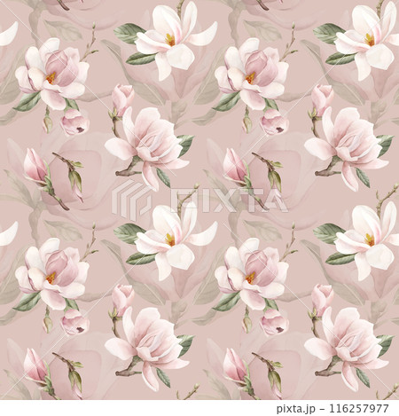 Light pink magnolia flowers with leaves. Watercolor floral seamless pattern on peach pink background. Spring blossom for flower fabric, cosmetic packaging, wrapping paper and home textile Light pink magnolia flowers with leaves. Watercolor floral seamless pattern on peach pink background. Spring blossom for flower fabric, cosmetic packaging, wrapping paper and home textile 116257977