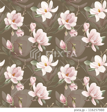 Light pink magnolia flowers with leaves. Watercolor floral seamless pattern on brown background. Spring blossom for flower fabric, cosmetic packaging, wrapping paper and home textile Light pink magnolia flowers with leaves. Watercolor floral seamless pattern on brown background. Spring blossom for flower fabric, cosmetic packaging, wrapping paper and home textile 116257980