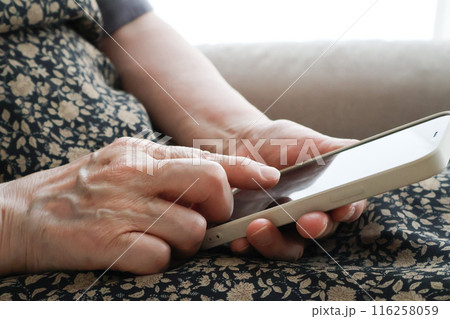 ソファに座ってスマホを操作するシニア女性の手元 ソファに座ってスマホを操作するシニア女性の手元 116258059