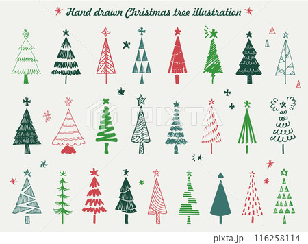 手描きのクリスマスツリーのイラストセット 116258114