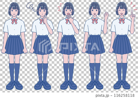 5 anime-style female student facial expressions - Stock