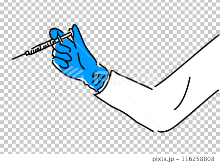 A simple line drawing of a doctor's hand holding a syringe 116258808