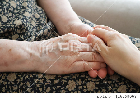 高齢女性の手を握る女性の手元 116259068
