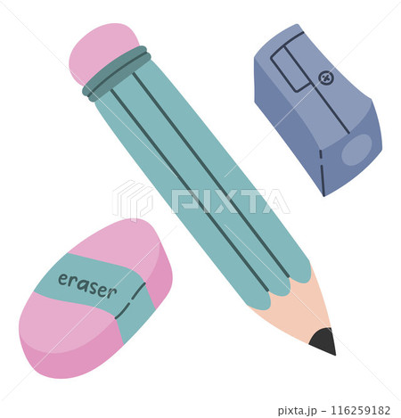 Set of pencil, rubber band, sharpener. Graphic element for office and school. Back to school. Trendy modern vector illustration, isolated on white, hand drawn 116259182