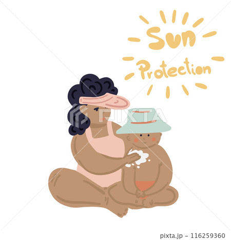 Mum with baby on beach flat design spf sun protection set 116259360