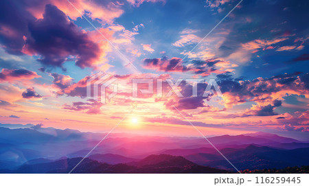 夏の雲と山の稜線の夕焼け 夏の雲と山の稜線の夕焼け 116259445
