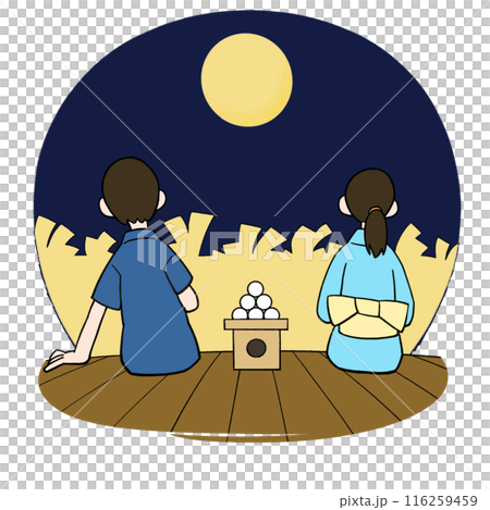 Men and women watching the moon, Japanese silver grass background Men and women watching the moon, Japanese silver grass background 116259459