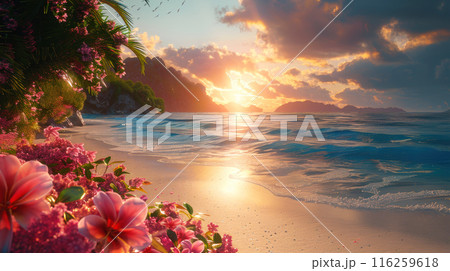 Beautiful landscape pink flowers and tropical plants on the beach and calm sea in dusk twilight sunset on summer Beautiful landscape pink flowers and tropical plants on the beach and calm sea in dusk twilight sunset on summer 116259618