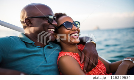 Smiling middle aged black couple enjoying leisure sailboat ride in summer Smiling middle aged black couple enjoying leisure sailboat ride in summer 116259684