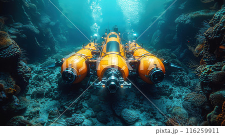 Drones explore the deep sea To explore the creatures and scientific secrets of the sea. Capture rare marine animals life and geological formations with a high-resolution camera 116259911