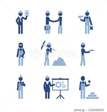 Isolated vector icons set of dark blue pictogram men in reflecting vest and white safety helmet, white background. 116260055