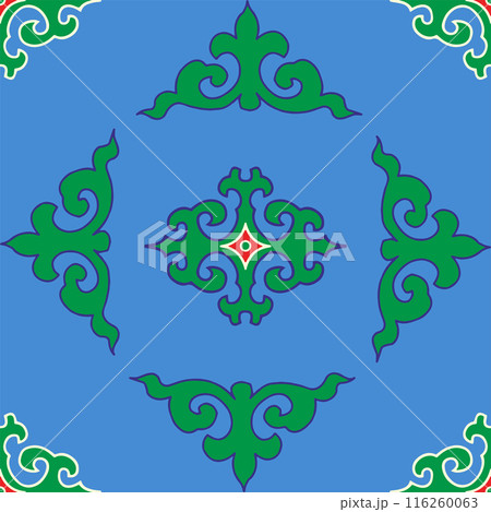 Real Tatar seamless pattern. Islamic tulip, floral geometry. Culture of the Tatar people, symbols of green and red. Real Tatar seamless pattern. Islamic tulip, floral geometry. Culture of the Tatar people, symbols of green and red. 116260063