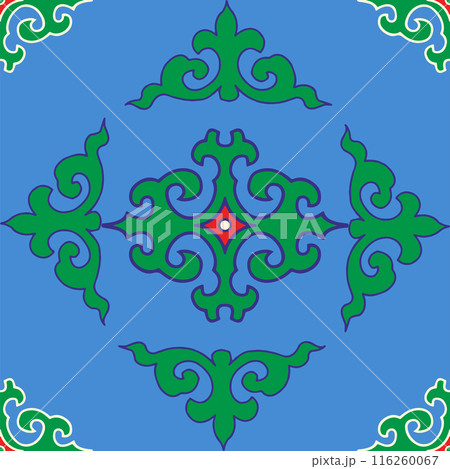 Real Tatar seamless pattern. Islamic tulip, floral geometry. Culture of the Tatar people, symbols of green and red. Real Tatar seamless pattern. Islamic tulip, floral geometry. Culture of the Tatar people, symbols of green and red. 116260067