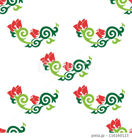 Floral pattern Tatar Native Ornamental border with tulips. Culture of the Tatar people, symbols of green and red Floral pattern Tatar Native Ornamental border with tulips. Culture of the Tatar people, symbols of green and red 116260123