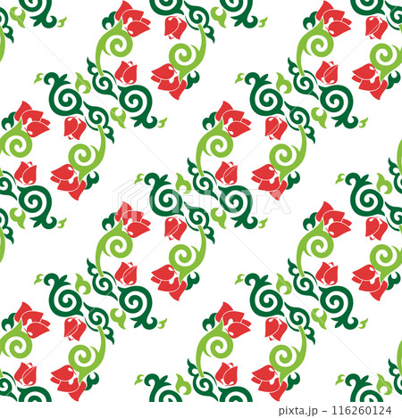 Floral pattern Tatar Native Ornamental border with tulips. Culture of the Tatar people, symbols of green and red Floral pattern Tatar Native Ornamental border with tulips. Culture of the Tatar people, symbols of green and red 116260124