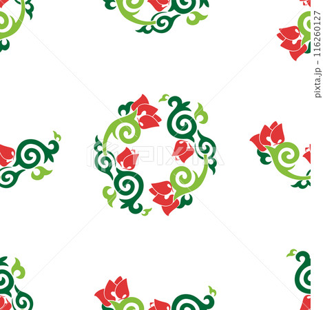 Floral pattern Tatar Native Ornamental border with tulips. Culture of the Tatar people, symbols of green and red Floral pattern Tatar Native Ornamental border with tulips. Culture of the Tatar people, symbols of green and red 116260127