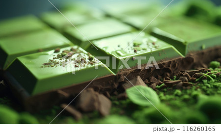 Close-up of green matcha chocolate bar with crumbs on top and mint leaves Close-up of green matcha chocolate bar with crumbs on top and mint leaves 116260165