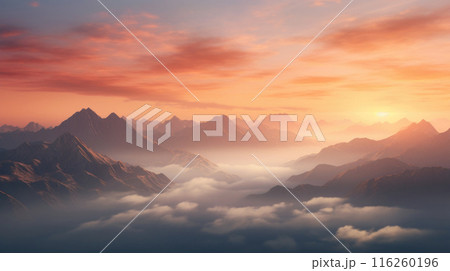 Breathtaking view of vibrant sunrise or sunset over rugged mountain peaks with clouds 116260196