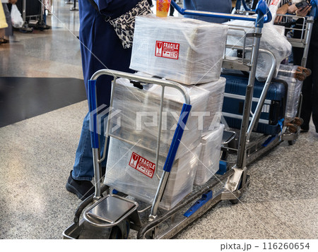 Baggage wrapped with protective film and with fragile sticker on trolley cart in airport departure terminal waiting for check-in 116260654
