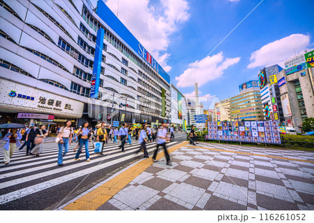 日本の東京都市景観　池袋駅東口。カオスな東京都知事選挙の選挙ポスター掲示場・2024年7月7日投票日 116261052