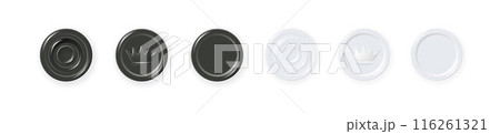 Checkers chips. 3d realistic round badge with circle convex lines on surface and shadow to play on checkerboard. Vector 116261321