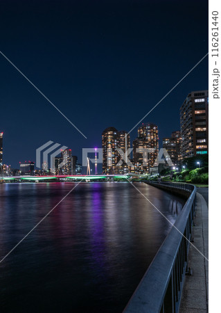 隅田川に架かる佃大橋と高層マンション群 116261440