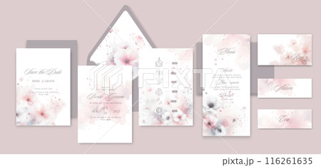 Watercolor wedding invitation template set with romantic floral flowers. 116261635