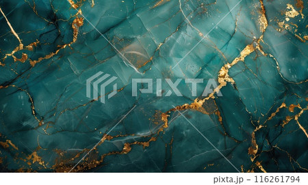 A detailed portrayal of a vibrant green marble design featuring gold streaks A detailed portrayal of a vibrant green marble design featuring gold streaks 116261794