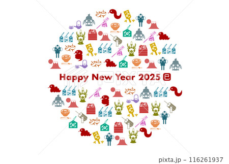カラフルなお正月と蛇アイコンの2025年巳年年賀状 116261937