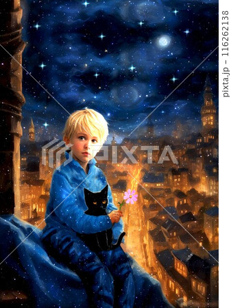 【井上軟太郎★月明かりのエトランゼ】少年,男の子,黒猫,夜空,ファンタジー,幻想的,かわいい,金髪 116262138