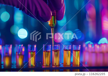 A gloved hand is holding a test tube. 116262205