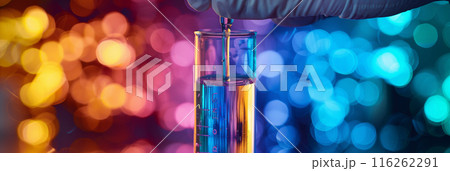 A gloved hand is holding a test tube. 116262291