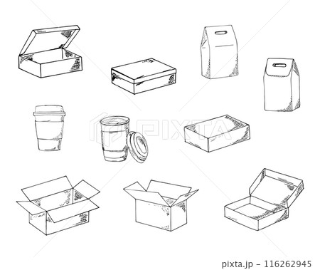 hand-drawn craft boxes and coffee cups set. Lunch bags, mail boxes, and coffee cups closed and opened. 116262945