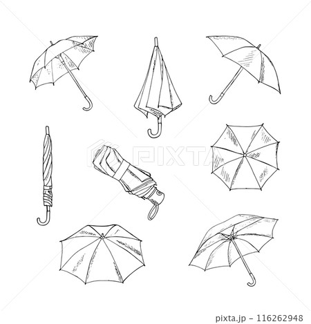Hand-drawn open, closed, and folded umbrellas. Rainy seasonal parasols. Vector illustration on white background. 116262948