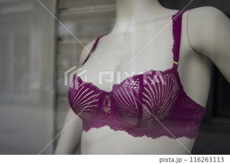 Closeup of pink bra on mannequin in a fashion store showroom Closeup of pink bra on mannequin in a fashion store showroom 116263113