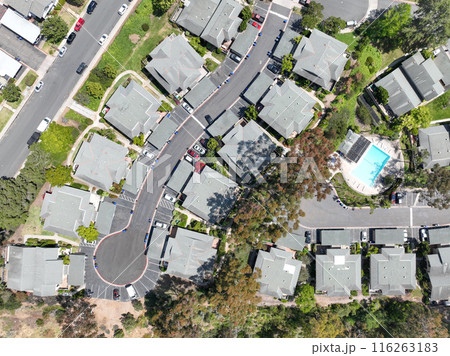 Aerial view of community condominium apartment, San Diego, California 116263183