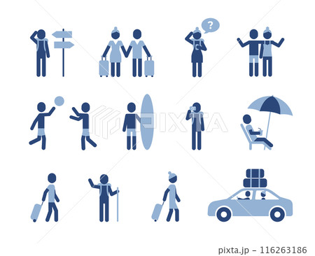 People traveling with bags and luggage. Male and female variations. Vector icon set. Editable. 116263186
