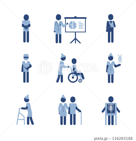Medical pictograms with doctors. Clinic concept icons set. Simple pictograms with flurography, old man and woman icon pictogram. 116263188