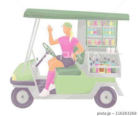 smiling golf club staff character female caddie driving a beverage golf cart smiling golf club staff character female caddie driving a beverage golf cart 116263268